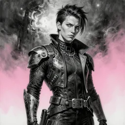 a portrait of a scifi post apocalyptic storm from marvel comics, scifi fantasy character design, black and white, pink gradient, futuristic punk rock fashion, oil painting by michael whelan art and kael ngu ink, sharp focus, realistic, highly detailed, 8 k