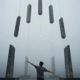 arm reaching out of thick fog, 6 stelae pointing down from the sky, untethered stelae, symmetrical, zdzislaw beksinski