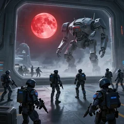 many robot soldiers in the interstellar police base. they are landing outside the window. far away, there is a huge combat robot looking up at the blood red moon, art by kim jung - gi.