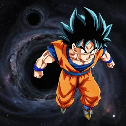 gohan from dragon ball z flying through galaxy, black hole, digital art