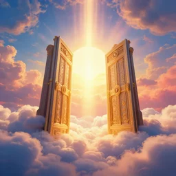 heaven gates in the sky opened to a holy heaven world, puffy clouds, joy, happy, holly, purified, 8 k, realistic, holy lights, cinematic, eerie, fantasy, sharp focus, vivid colors, saturated