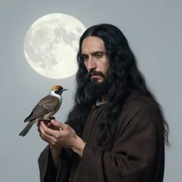 portrait of a man with long black hair and beard holding a bird in his hands, full moon in the background, fine portrait, beautiful, concept art, by tomer hanuka, by jan vermeer