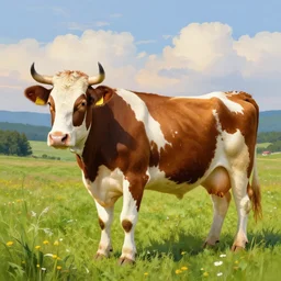 highly detailed photo of a cow standing in a beautiful meadow, scenic colorful environment, hyperrealistic illustration by william didier - pouget and norman rockwell