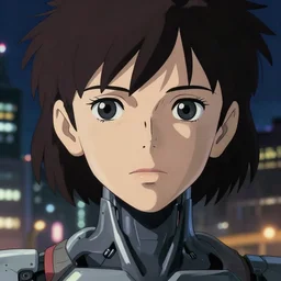 a anime portrait of a cyborg woman, finely detailed features, closeup at the face, sharp focus, perfect art, night time city background, cinematic lighting, highly detailed, intricate, smooth, anime!! artstation, trending on pixiv fanbox, painted by greg rutkowski, studio ghibli, yoji shinkawa, hayao miyazaki,