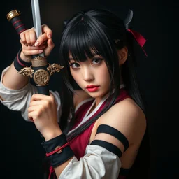highly detailed beautiful anatsu kyoushitsu cosplay, warcore, dramatic pose, long black hair and fringe, upper body portrait, professional photography 8 k 3 5 mm, holding weapon, pixiv