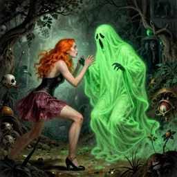 Elle Fanning fighting a green ghost, retro-futurism, horror, by J. C. Leyendecker and Peter Paul Rubens, Extremely detailed. 8K. Award winning.