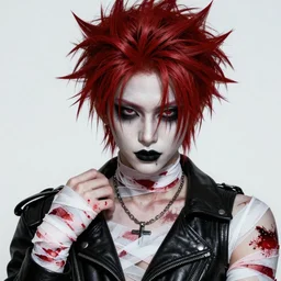 Asian goth, male, black lipstick, pale skin, detailed spiky red hair, detailed, wearing bloody bandages, leather clothing, 4K, drawn by Ai Yazawa