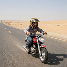 gecko riding a mini motorcycle, in the desert, long road,
