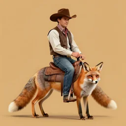 A cowboy riding a fox. solid Background.