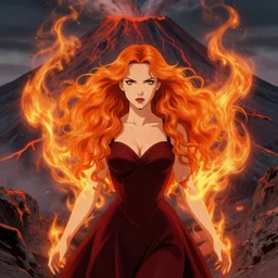 style artgerm, joshua middleton, norman rockwell, beautiful kristen bell with dark red dress, very long orange hair, symmetrical face, symmetrical eyes, fire powers fire swirling, detailed, volcano setting, cinematic lighting