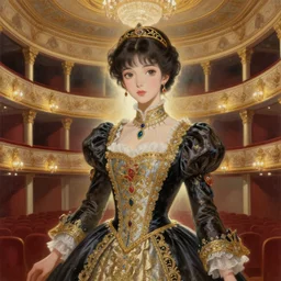 beautiful girl in ornate clothing by ross tran, in a royal theatre, painted by sana takeda, reflections, very high intricate details, painting by liu xiaodong, digital anime art, medium shot, mid - shot, composition by ilya kuvshinov, backlit, lighting by greg rutkowski