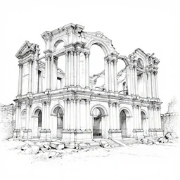 an image of an old ruin. an artists line drawing of the building in pristine and complete condition has been overlaid onto a photo of the ruin using double exposure
