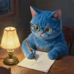 highly detailed oil painting, masterpiece portrait cute blue cat in glasses sits at the table in the evening and draws a brush, an old lamp with a lampshade on the table glows with bright light, fantasy character portrait, dynamic pose, above view, top lighting, realistic shaded, perfect face, 8 k realistic, hyper detailed, digital painting, artstation, concept art, hyper detailed eyes, cinematic