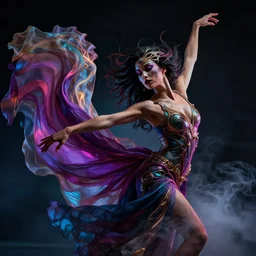 a photorealistic dramatic hyperrealistic render photography of a glamorous beautiful female dancer by ken brower and deborah ory of nyc dance project, lois greenfield, lord of the rings, neon, flowing cloth and smoke, beautiful dynamic dramatic dark moody lighting, beautiful intricate face, volumetric, shadows, artgerm, alphonse mucha, cinematic atmosphere, octane render, 8 k