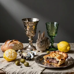 still life by willem claesz heda, overturned ornate chalice, a rabbit, green glass goblet, surreal glass goblets, bread, olives, oysters, peeled lemons, linen, a house fly, silver platter, leftover meat pie,