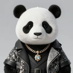 a portrait of a biomorphic panda wearing high fashion clothes and jewelry looking at the camera