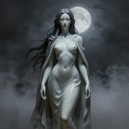 ultra realist and ultra intricate detailed soft painting of a beautiful female porcelain queen of the death in long slim curvy dress and cape, thin lustrous long dark hair, symmetry features, sensual gloomy style, volumetric dense fog, cinematic, 8k resolution, photorealistic, digital painting, dark atmosphere, artstation, concept art, sharp focus, moonlight background, artstation trending, octane render, unreal engine