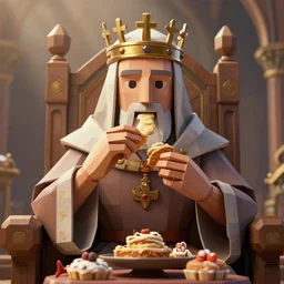 highly detailed closeup, low - poly hands, portrait of a medieval cleric wearing a crown and sitting on a throne eating cakes, unreal engine, nicoletta ceccoli, mark ryden, earl norem, lostfish, global illumination, god rays, detailed and intricate environment