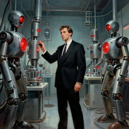 man in futurist 6 0 ´ s lab, machines and futurist robots, red lights, boris vallejo style, black suit