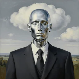 portrait of a faceless chrome - head man in a suit and black gloves, clouds and nature landscape in the background, by rene magritte, detailed painting, distance, centered, hd, hq, high resolution, high detail, 4 k, 8 k