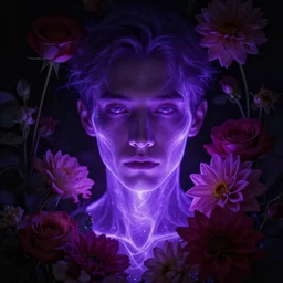 closeup portrait of an ethereal male person made of purple light, divine, cyberspace, mysterious, surrounded by flowers, roses, dahlias, dark high-contrast concept art, trending on Artstation