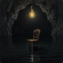 errie dreamlike painting of black cave lake, chair under an edison bulb in empty black space, cgsociety, steampunk, surreal, extreme contrast, sunken in black water, void, liminal space