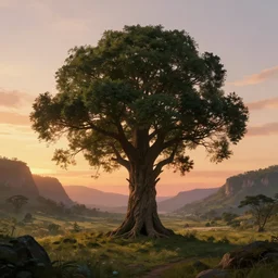 a lonely giant tree in the center of a in immense valley at sunset, intricate, highly detailed, soft illumination, digital painting, artstation, concept art, smooth, sharp focus, illustration, cinematic, vfx, 4 k