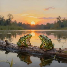 An oil painting of two frogs sitting on a log in a pond, wide shot, sunset