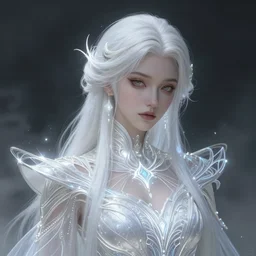 a beautiful white haired sorceress, intricate, elegant, highly detailed, digital painting, artstation, concept art, smooth, sharp focus, cyberpunk darksynth, illuminated lines, enchanted magic, vaporware, dark smoky background, ethereal, misty, 8 k, by ruan jia and ilya kuvshinov and jeremy mann and alphonse mucha