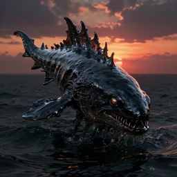 octane, blender, zbrush render, render uhd, 8 k art photography, filmic lighting, cinematic art shot, hyperrealistic, hyperdetailed, super detailed, uhd, uhd, 8 k, high resolution, shiny creature from the deepth of the ocean, black fluid simulation, painting by ross tran and ivan aivazovsky, black water, sunset by zdzisław beksinski