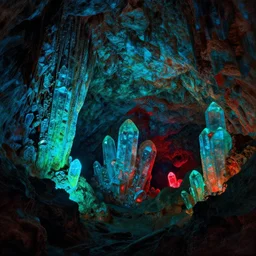 a cave with huge blue green and red glowing crystals in the walls, art by donato giancola and greg rutkowski