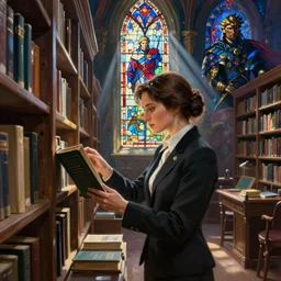 a woman in a library. she is wearing a formal suit and searching for a book that does exist. light shines through stained glass windows. fantasy concept art. moody epic painting by james gurney, greg rutkowski, charlie bowater, maxim verehin and alphonso mucha. artstationhq. painting with vivid color. ( dragon age, witcher 3, lotr )