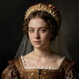 portrait of young woman in renaissance dress and renaissance headdress, art by nan goldin