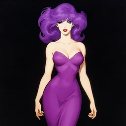 girl in cocktail dress with purple voluminous hair, strong line, vibrant color, beautiful! coherent! by frank frazetta, high contrast, minimalism