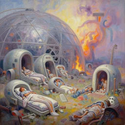 the biodome is collapsing, sleep chambers have been destroyed, thousands of casualties, oil painting, future, syd mead, craig mullins, john martin, alena aenami, pastel color palette, bloom, gloomy, flames, hdr