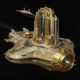 exterior spaceship shot of the atlantis paradise, a retro futuristic spaceship made of brass bronze gold, art deco influence, hotel style design. in orbit, in space. bioshock, starship titanic, beautiful clear well composed painting by artgerm and greg rutkowski.