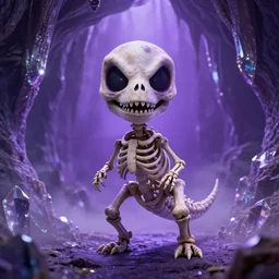 full shot portrait of angry darkness cute dinosaur skeleton in crystal cave, inspired by Tim Burton, Norihiro Yagi, Marc Simonetti, Amano, Juri Misaki, detailed, unreal engine 4k volumetric light, fog, purple color palette