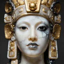 beautiful marble and black onyx aztec inca woman head with golden elements, by eddie mendoza hyperrealism expressive eyes cyborgess symmetrical very detailed giger beksinski, pearl white, grey and gold