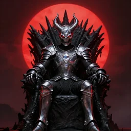 a demon in iron armor with diamonds sits on the black throne of death and looks with red eyes into the darkness against the background of a bright red sun