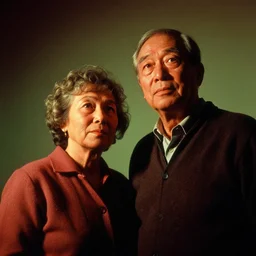 a medium shot, colored studio photographic portrait of a old couple, dramatic, from below light, kodachrome camera, kodachrome, with strong reds and greens, 1 9 9 9 photo from life magazine,