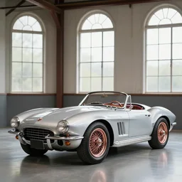 vintage corvette sports car with copper equipment in a hanger with large victorian windows