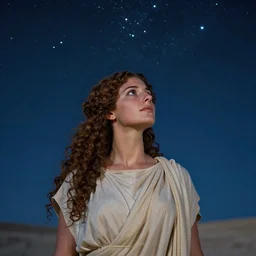 hypatia of alexandria, beautiful ancient greek curly - haired woman, looking in awe at the night sky full of stars