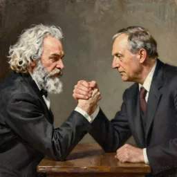oil painting of karl marx and friedrich hayek arm wrestling n 9
