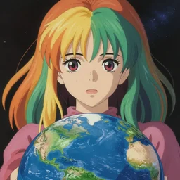 a film still portrait of rainbow - haired goddess painting the earth, finely detailed features, closeup at the faces, perfect art, in space, gapmoe yandere grimdark, trending on pixiv fanbox, painted by greg rutkowski makoto shinkai takashi takeuchi studio ghibli, akihiko yoshida