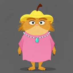 detailed flat 2 d : female pear character : wearing jewlery : wearing a pink dress : wearing yellow hat : head torso legs feet : lorax movie : artstation