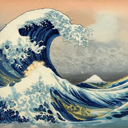 clouds and waves, an aesthetically pleasing, dynamic, energetic, lively, complex, intricate, detailed, well - designed fine art of a beach, ripples, waves, sea foam, light and shadow, overlaid with aizome patterns, shin - hanga by hokusai and hayao miyazaki, superior quality, masterpiece, featured, trending, award winning, hdr, hd