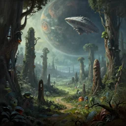 A strange alien forest and space ship on a science-fiction planet, beautiful matte painting, Moebius, frank frazetta, sid mead, thomas kinkade, warhammer 40k epic landscape, trending on ArtStationHQ, unreal engine.