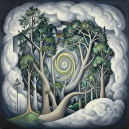 trees, clouds, fractal pattern, cubism, jean giraud, georgy kurasov, kimi takemura, android jones, flowstatepaint, ben ridgway