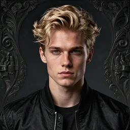 face shot portrait of attractive blonde powerful young man with black bomber jacket, by greg rutkowski, by zdzislaw beksinski, very detailed, ornate, intricate, octane render, dark color lighting, volumetric lighting, 8 5 mm
