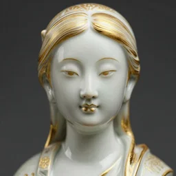 portrait photograph of an incredibly realistic porcelain woman with symmetrical, fine gold drawings on the skin. Macro details. 8k.